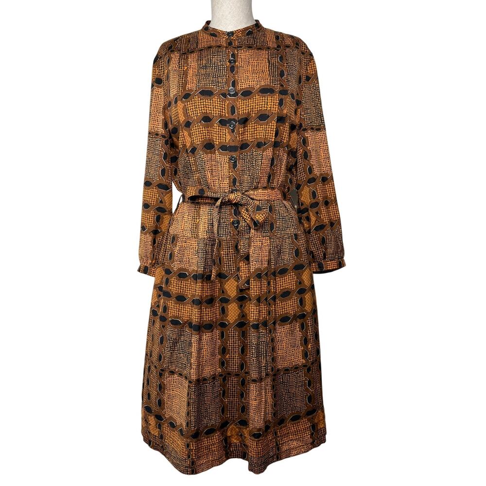 Burberry Brit Cotton Silk Shirt Dress Belted Brown Orange Geometric Print Sz 10
